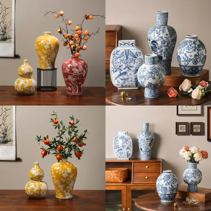 Large Blue White Porcelain Vase Retro Wabi Sabi Floor Decor New Chinese Style Tall Ceramic Ornament for Living Room Home