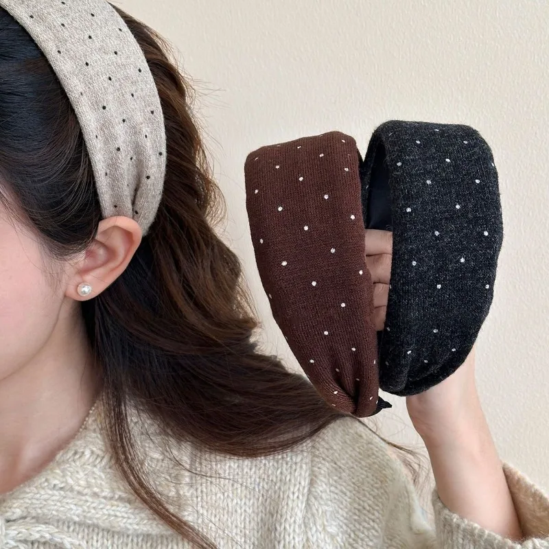 

Простота, модная женская вязаная широкая повязка на голову в горошек, шикарная повязка для волос для повседневной носки, элегантный нескользящий аксессуар для волос, подарок