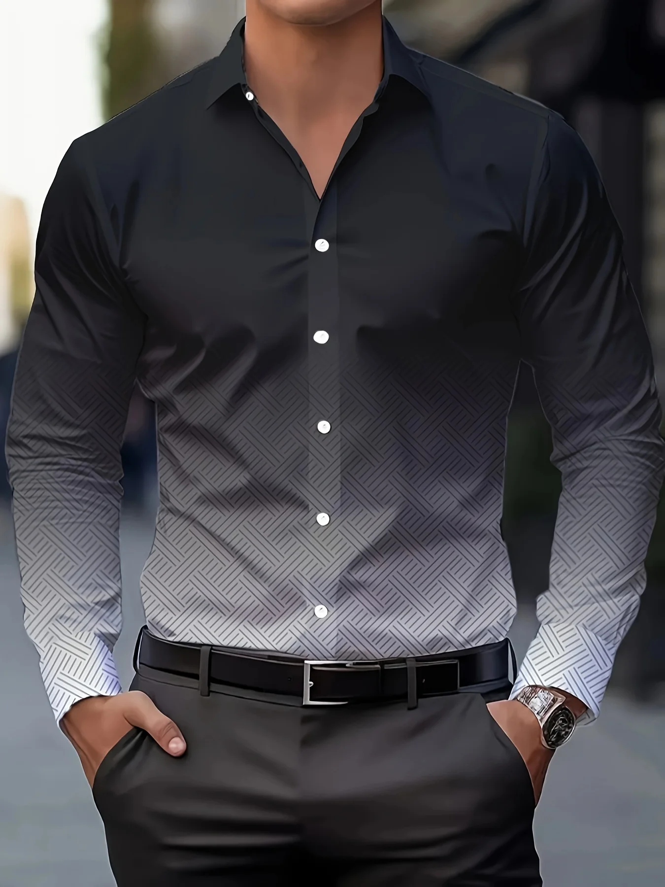

Men's Stylish Casual Long Sleeve Shirt Breathable Tops Gradient grid Casual Business Shirts Collar long sleeves loose Men's tops