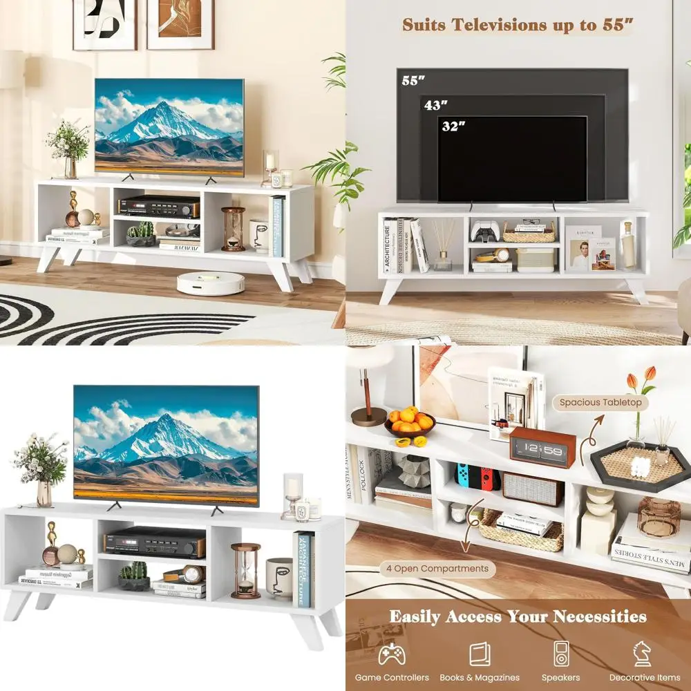

Современная белая тумба под телевизор для телевизоров с диагональю 55 дюймов, компактная медиа-консоль с 4 открытыми полками, идеально подходит для гостиных, спален и столовых.