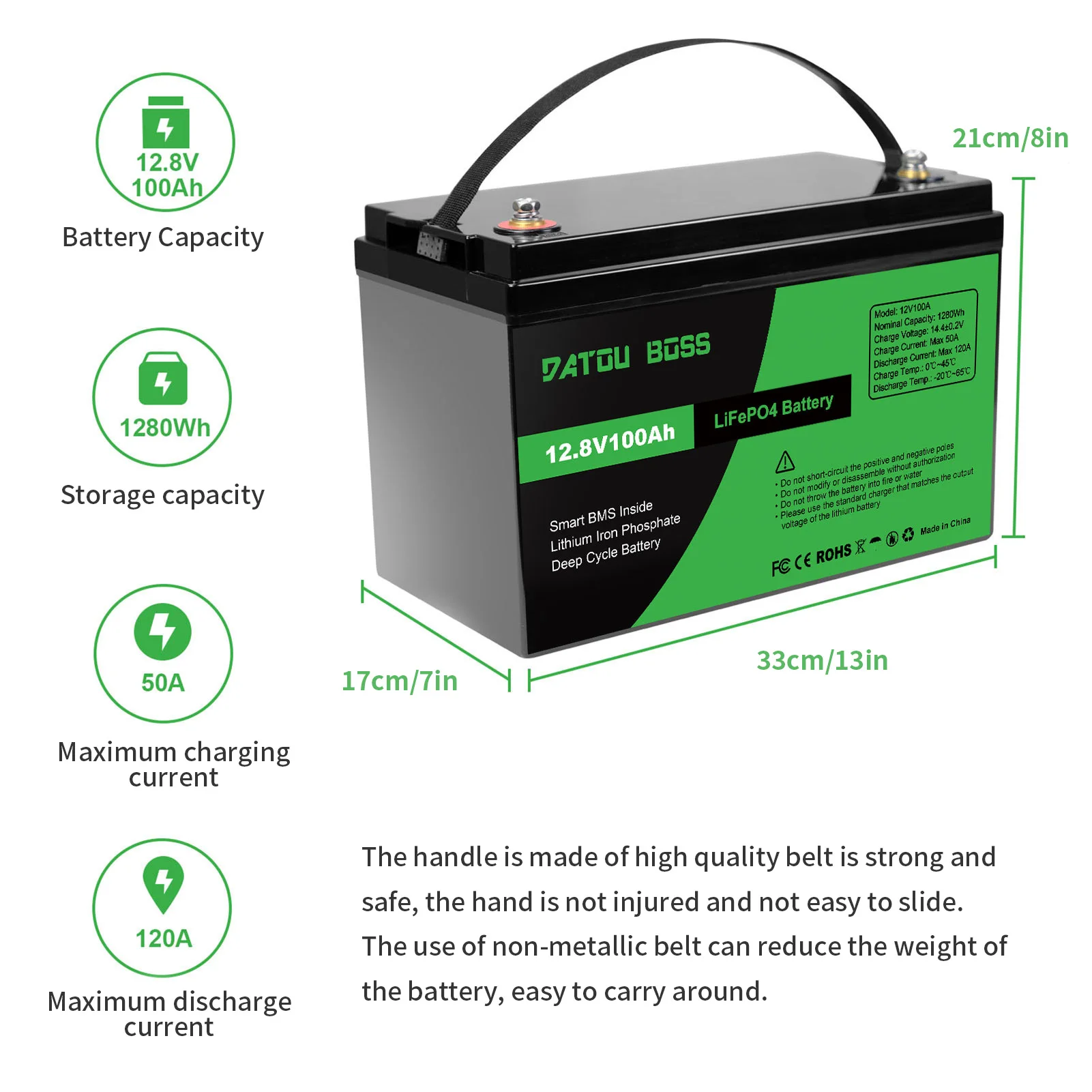 DATOUBOSS 12V100Ah Deep Cycle LiFePO4 Lithium Iron Phosphate Battery Built-in Intelligent BMS For RV Golf Cart Boat Solar System