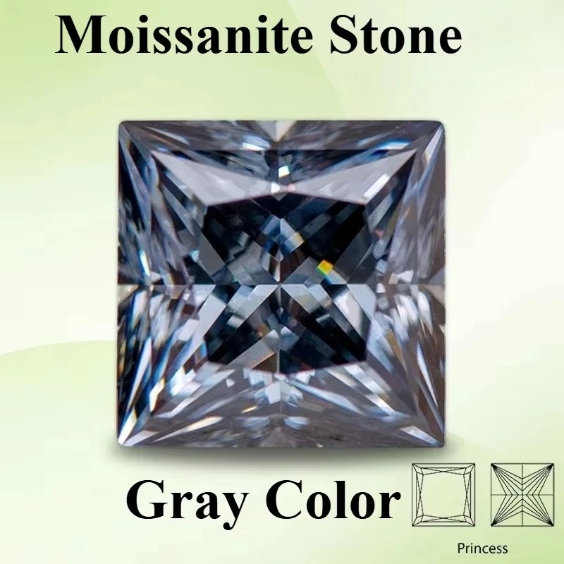 Moissanite Loose Stone Princess Cut Gray Color Gemstone Lab Created Heat Diamond for Charms Women Jewelry with Certificate