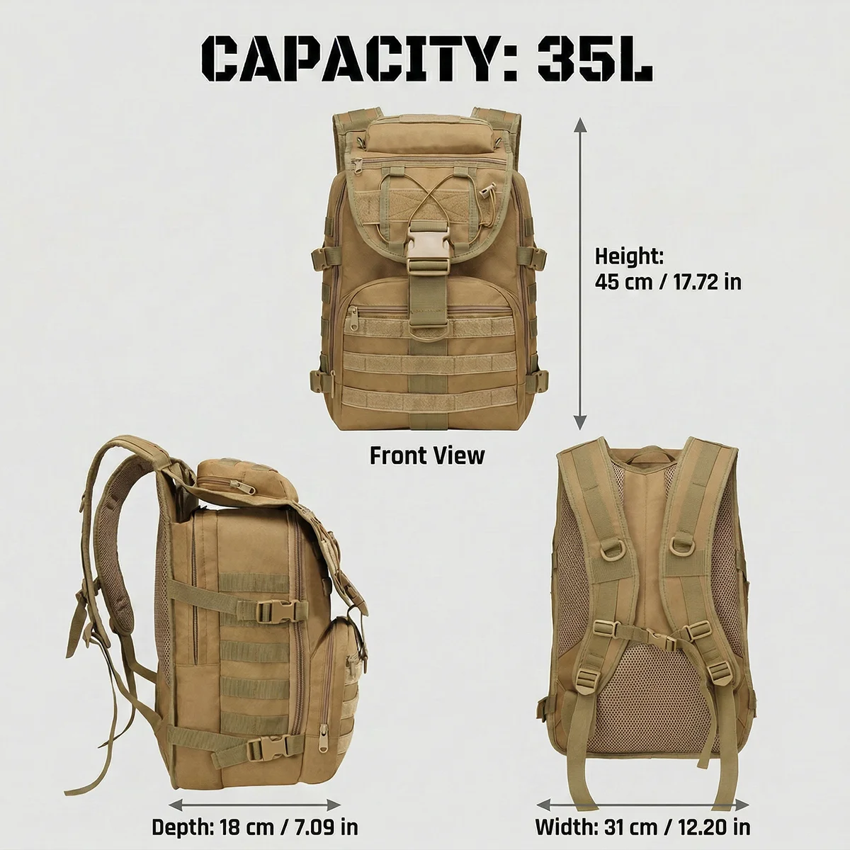 35L Mountaineering Backpack Tactical with MOLLE System Bags Water Resistant Hiking Rucksack for Alpine Trekking Camping Survival Gear Load Reduction Design