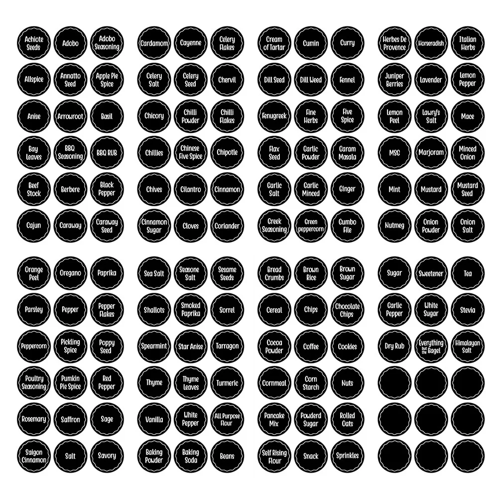 

144Pcs Spice Labels Stickers Black White Letters Clear Ingredients Name Decals for Kitchen Ingredients Labels Stickers