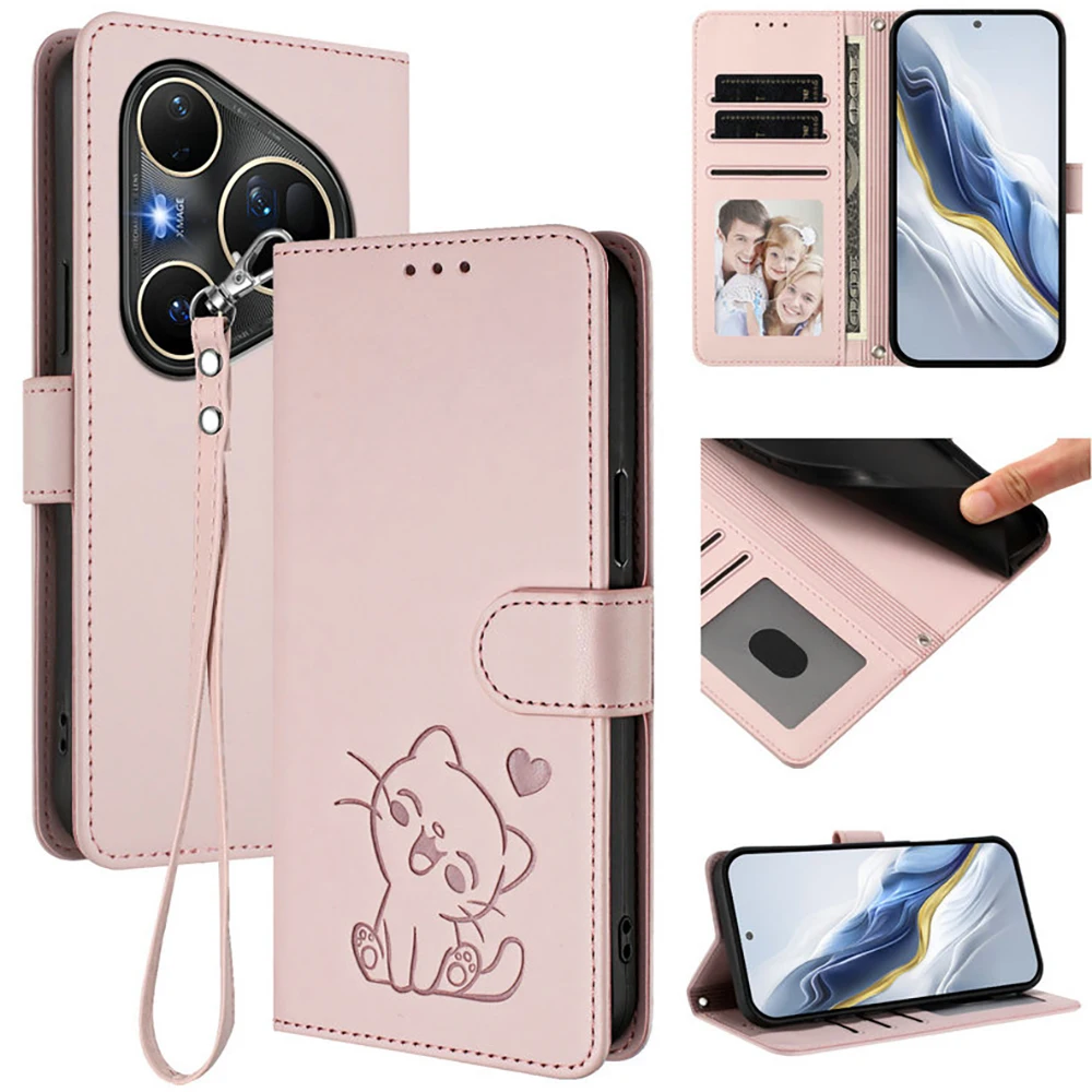 Funda con tapa Pura 80 70 Ultra 5G, Funda con libro de cuero de gato en relieve 3D para Huawei Pura 80 Pro Plus, Funda Pura 70 Pro + Etui