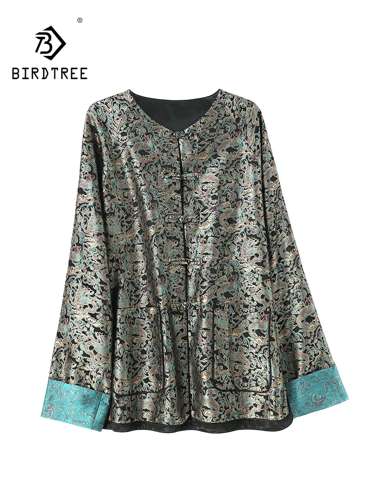 BirdTree-Silk Song Brocade Elegant Coat, O Neck Color Blocking, Women OL Retro Design Loose Cardigan, 2026 Autumn New C6O433CC