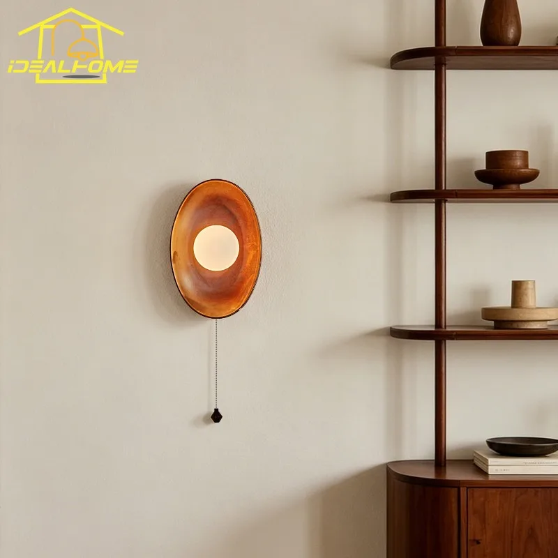 Wabi-sabi Medieval Amber Ceramic Wall Lamp with Pull Switch LED G9 French Retro Atmosphere Wall Mounted Bedroom Bedside Aisle