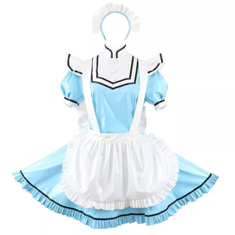 Sissy Girl bulue Pvc vestido com tampa fantasia cosplay de empregada francesa sob medida