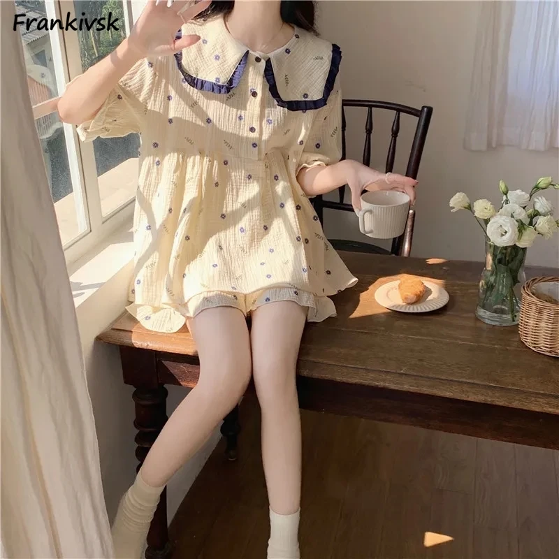 Shivering Pajama Sets Women Peter Pan Collar Summer Puff Sleeve Sweet Lovely Sleepwear Popular Elegant Languid Japanese Style