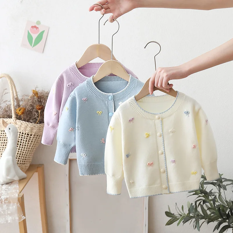 Suéter Infantil de Primavera y Otoño con Lazo Hecho a Mano, Chaqueta para Niñas con Mangas Abullonadas, Top de Princesa, Cárdigan de Punto para Bebé, Estilo Extranjero