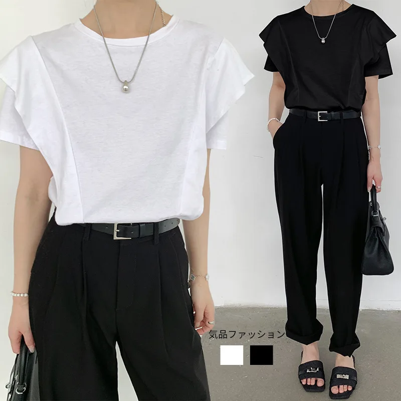 

Summer New Lotus Leaf Sleeve T-shirt for Women, Pure Cotton Knitted Patchwork Casual Versatile Short Sleeve Top