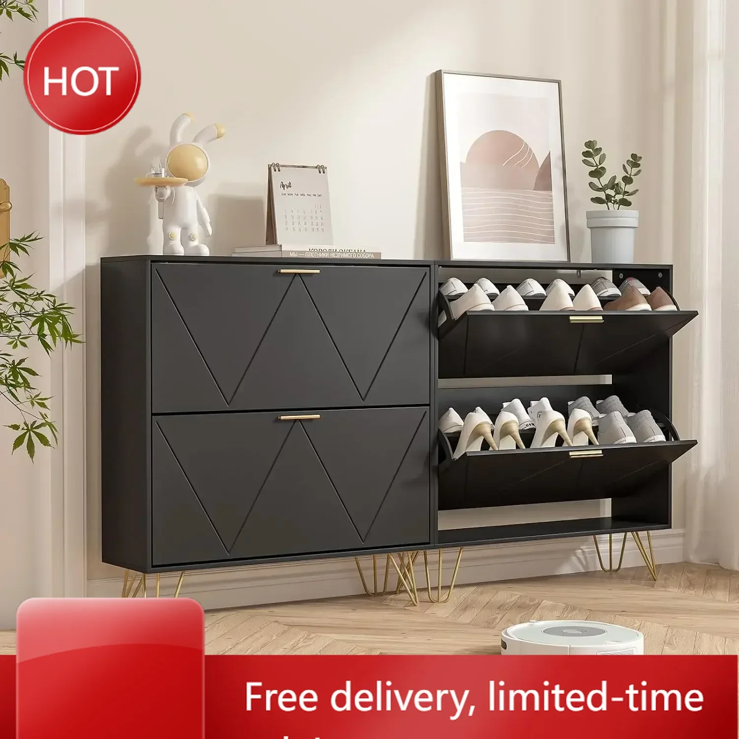 

Тумба для обуви с 2 откидными ящиками, черный шкаф для хранения обуви, узкая деревянная напольная полка для обуви