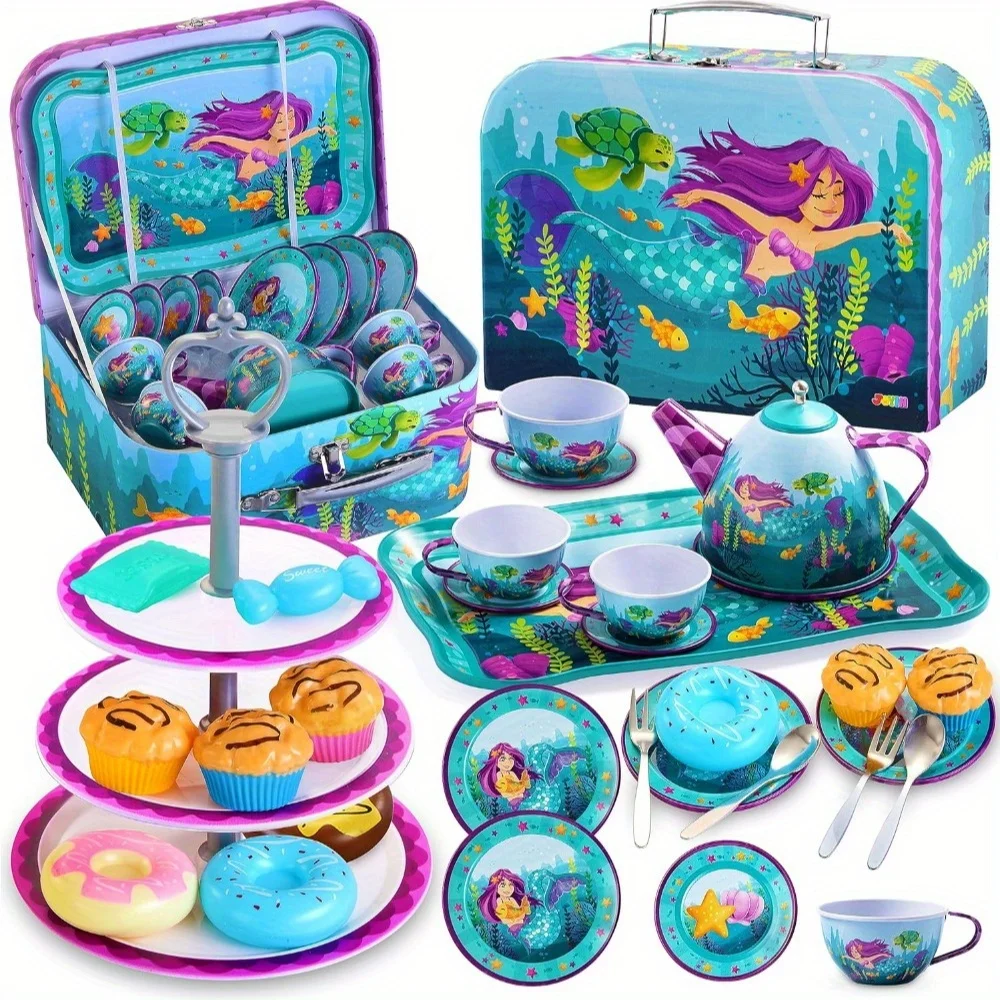 JOYFY 35-teiliges Meerjungfrauen-Teeparty-Set für kleine Mädchen, Spielzeug-Teekanne aus Blech, Prinzessinnen-Teeparty-Spielküche mit Dessert, Donut, Tragetasche für Geburtstags- und Ostergeschenke