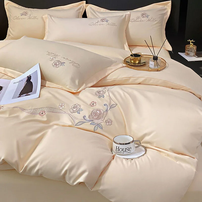 Luxury 100% Long Staple Cotton Embroidered Bedding Sets Solid Thick Brushed Comforter Kit Skin-Friendly Cozy Bed Linens for Home