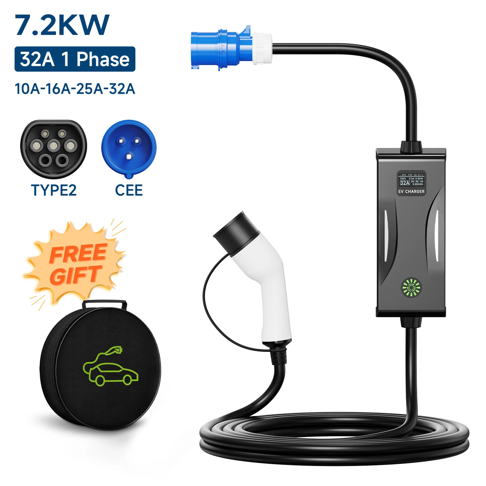 

7.2KW 32A Portable Electric Car Charger Type2 IEC62196-2 EVSE Charging Cable Type1 SAE J1772 CEE Plug Wallbox for EV Charger