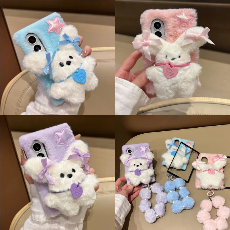 Plush Bunny Star Bow Rabbit Phone Case Fluffy with lanyard for Samsung Galaxy Z Fold 4 5 6 7 Fold 8 Cute Winter Protective Cover