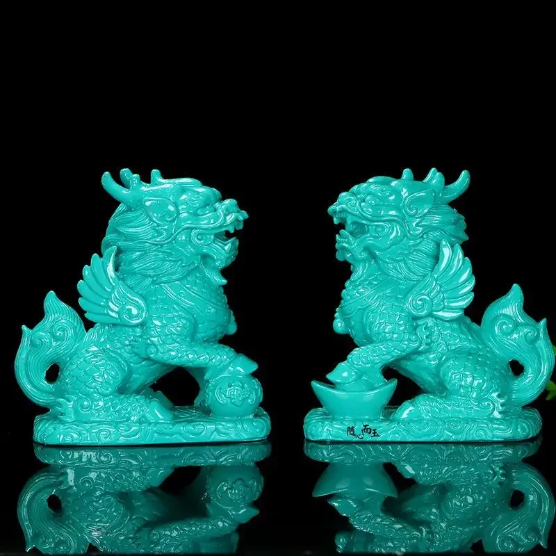 

Chinese Natural Turquoise Handcarved Exquisite Kylin Statues A Pair