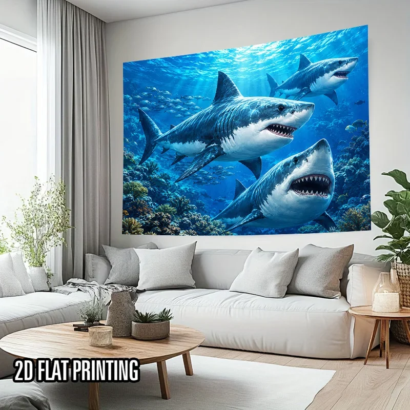 Great White Shark Tapestry, Underwater Coral Reef School of Fish Blue Ocean Seabed Wall Hanging for Bedroom Dorm Nature Home