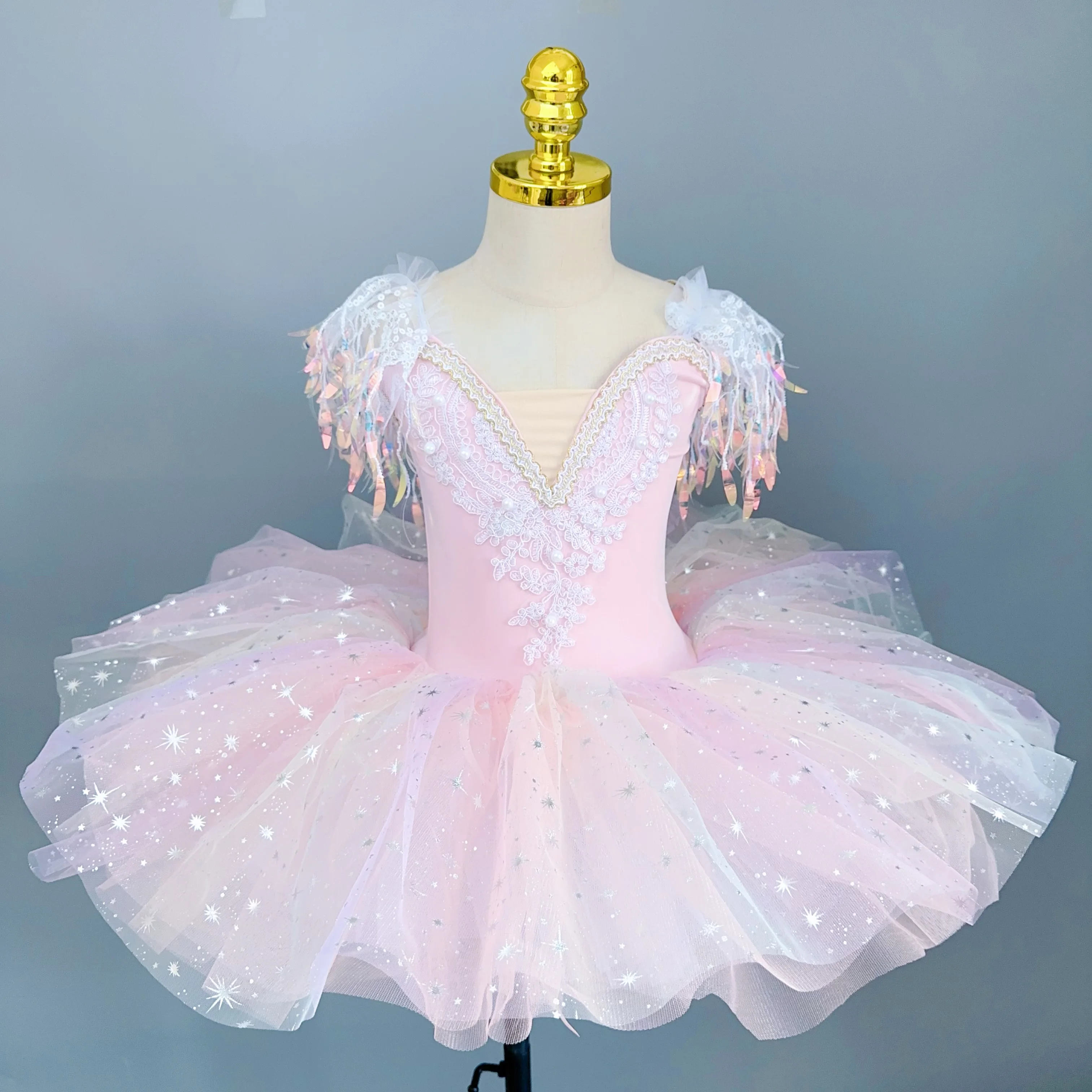 Falda de tutú de Ballet para niñas, vestido de tutú de baile romántico, disfraces de rendimiento de Ballet de Color arcoíris brillante, vestido largo con borla de lentejuelas