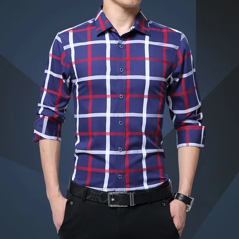 

England Style Contrast Casual Checkered Shirts Pocketless Button-down Soft 100% Cotton Long Sleeve Standard-fit Plaid Shirt