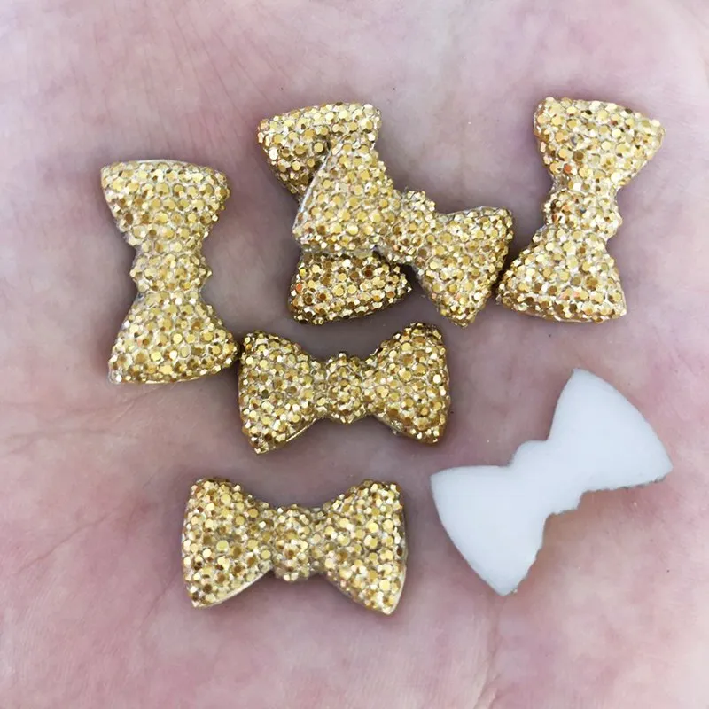 DIY 20pcs 12mm*20mm AB Resin Gold Bow Flatback Rhinestone Wedding Buttons Craft F277