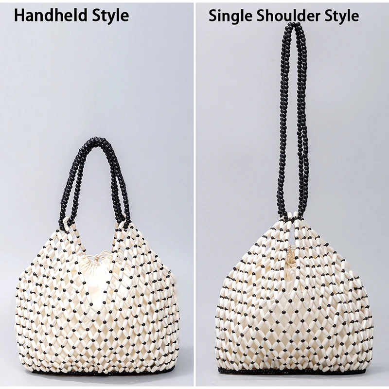 Ahornholz-Perlen-Handtasche, Damen Große Kapazität Hohle Strand-Urlaubstasche, Sommerliche Lässige Schicke Handgewebte Tragetasche – Detail 1