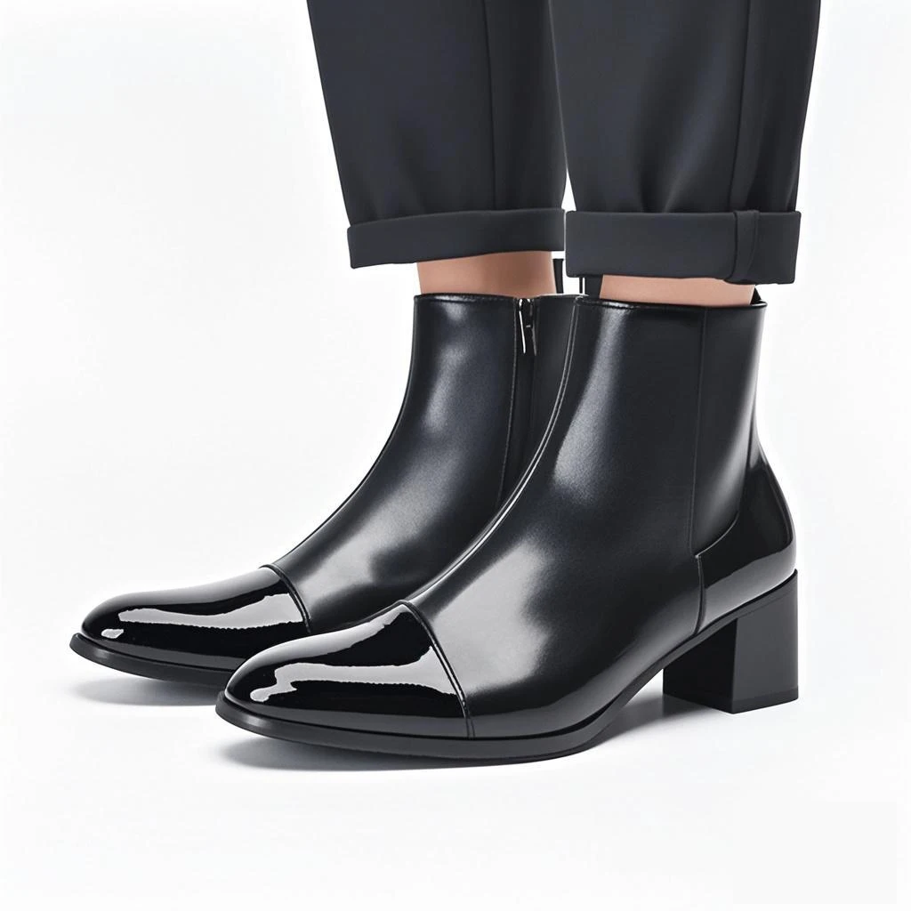 Spring andAutumn Men High-heeled Square head Stage Catwalk Wedding Boots top layer cowhide Thick Heel Party Heighten men\'s Boots