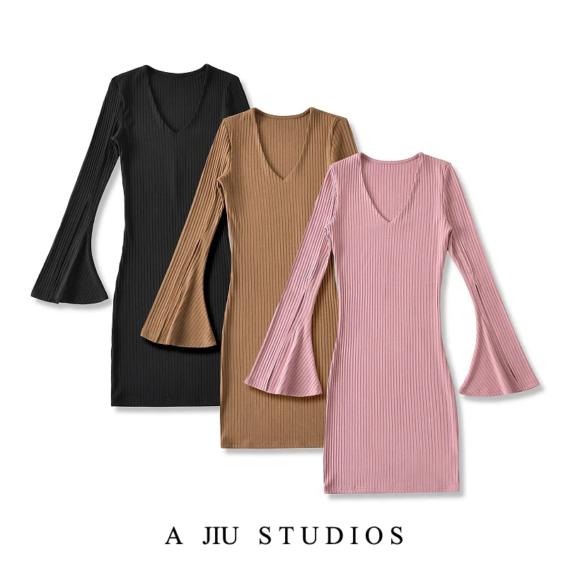 

Spring Pure Desire Sexy ort Skirt Women's Knitted Dr with Bell Sves V-Ne Bodycon A-Line Midi Dr for Ladies