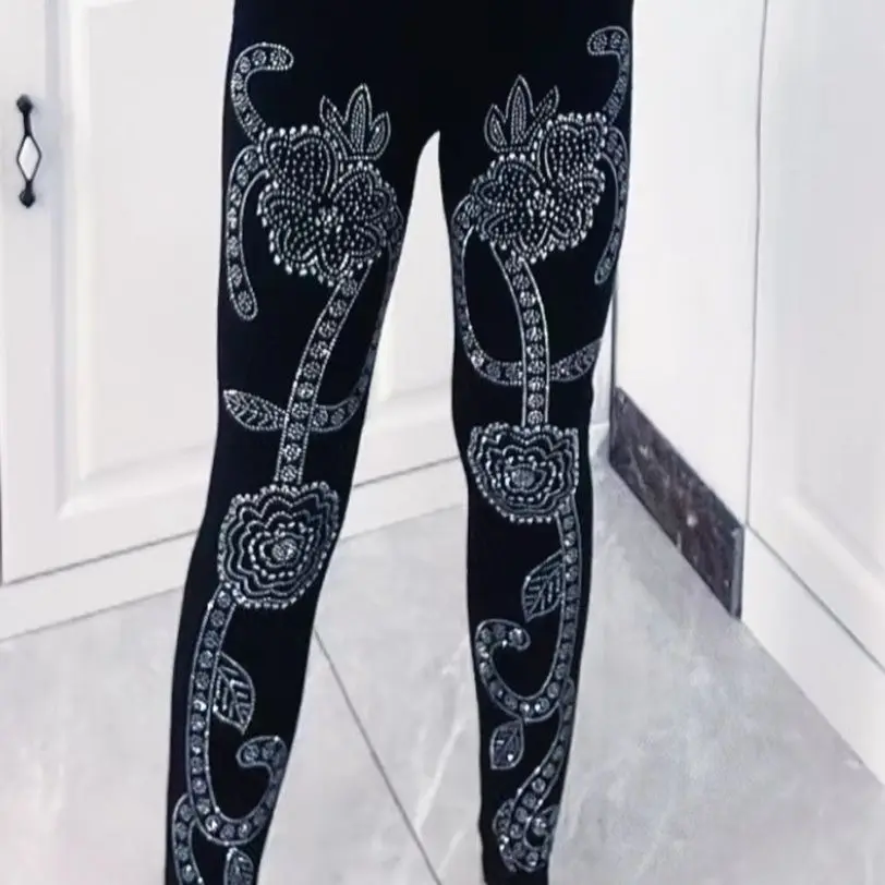 Autumn Spring Women Black Silver Sequin Leggings Plus Size High Waist Black Skinny Trousers Pants