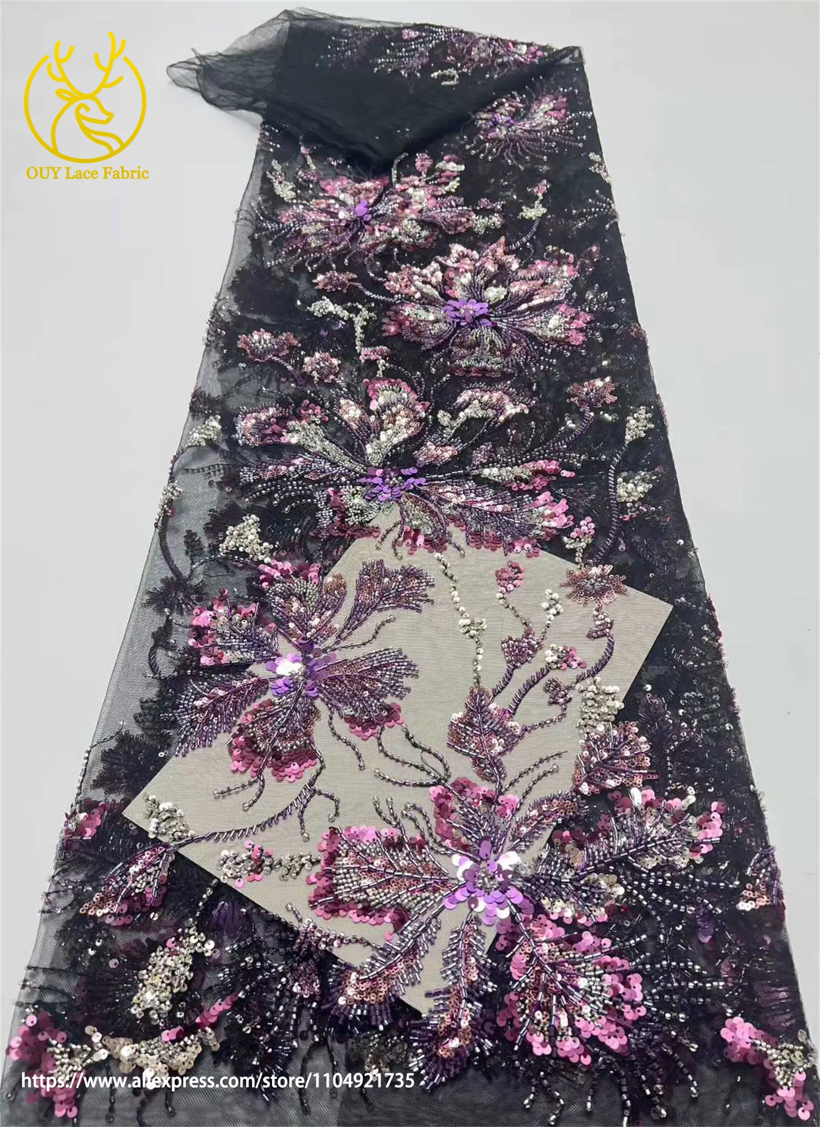 Afrikanischer Netz-Stickerei-Pailletten-Spitzenstoff 2026 Luxuriöser Französischer Tüll Perlenbesetzter Stoff für Damen-Partykleider Nähstoff 5 Yards – Detail 12
