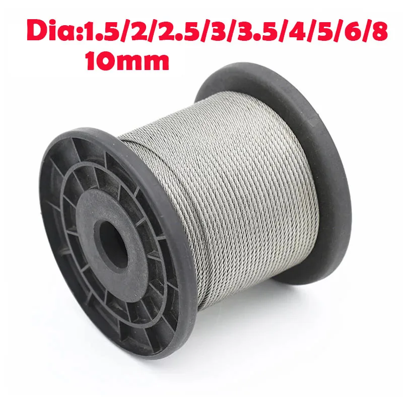 1/10M 304 Stainless Steel Soft Thin Wire Rope Clothes Drying Ropes 7*19 Hanger Fishing Lifting Cable Rustproof Diameter 1.5-10mm