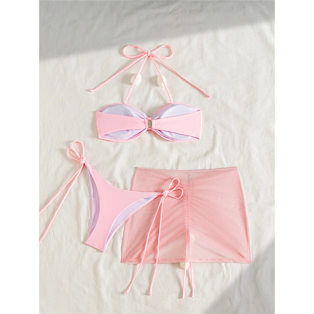 3-teiliges Set mit Rock, 3D-Blumen, Neckholder-Bikini, Damen-Badeanzug, Damen-Bademode, dreiteiliges Bikini-Set, Badebekleidung, Badeanzug, Schwimmanzug V6940 – Detail 4