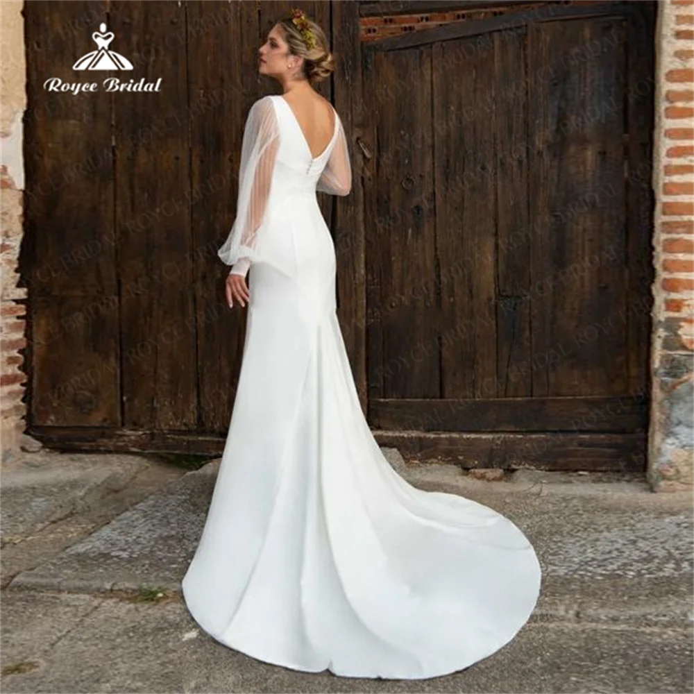 Vestido de novia de sirena de satén Simple, personalizado con cuello en V clásico vestido de novia, mangas transparentes completas, recién llegado