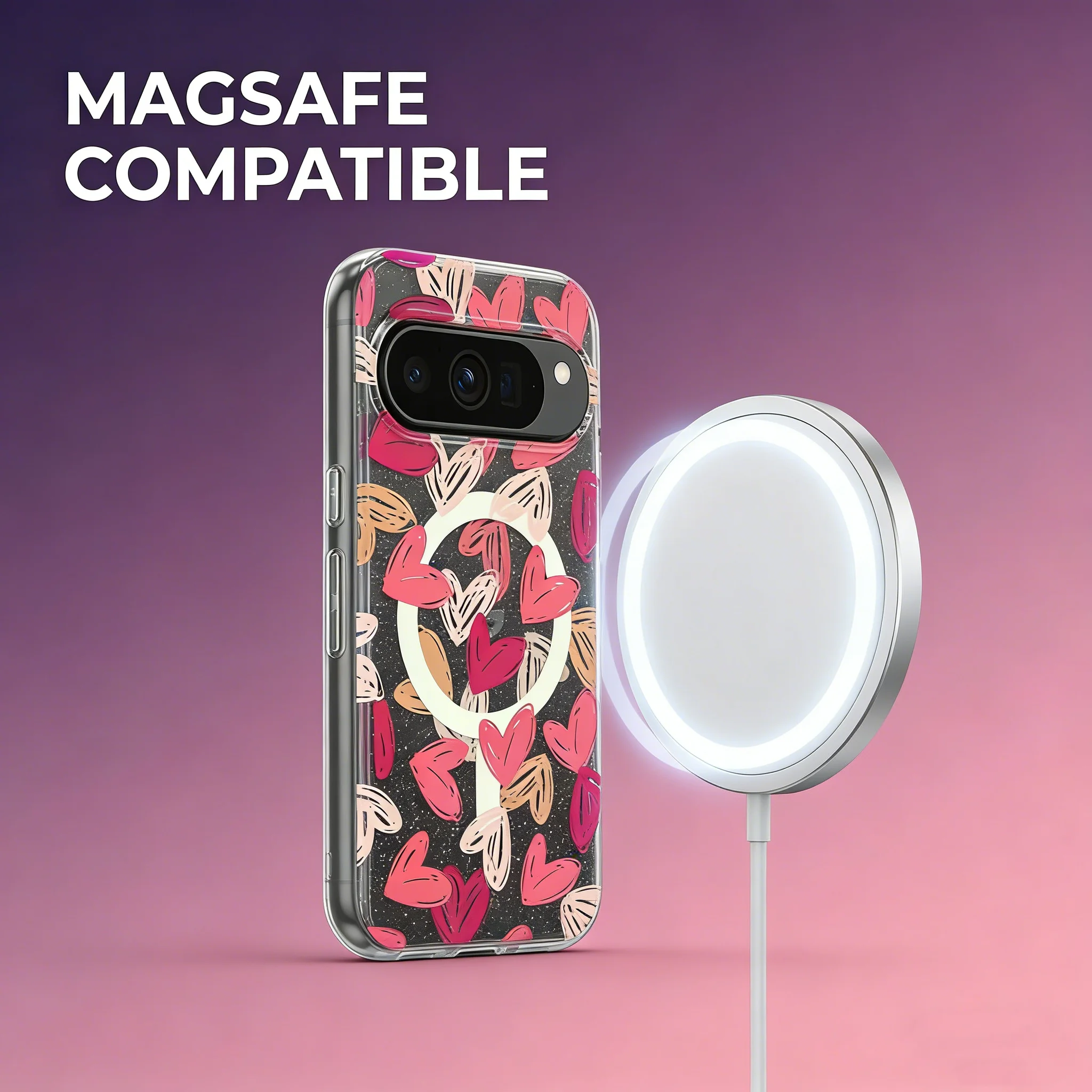Cute Graffiti Heart Glitter Magnetic Phone Case for Google Pixel 9/10 Pro/ProXL 9A10A Gradient Blue Light Shockproof Cover Funda view 3