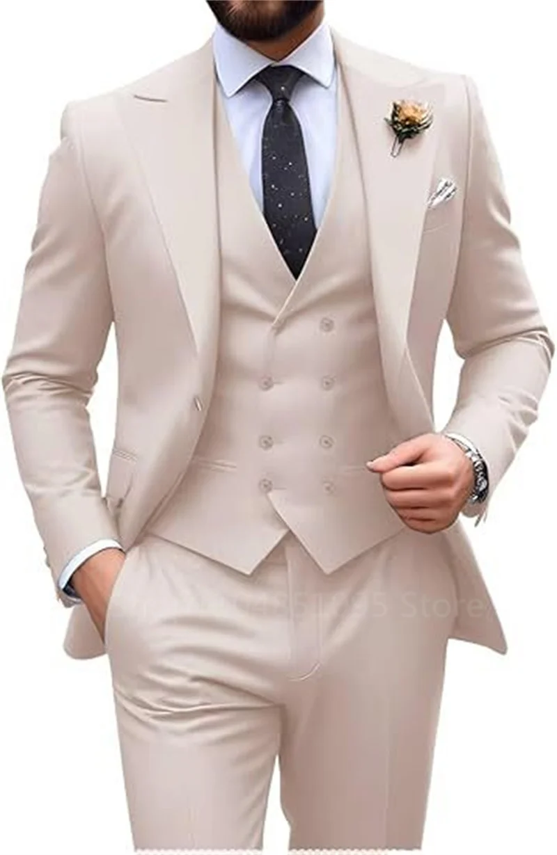 

Elegant Beige Slim Fit 3 Piece Men's Suits - Wedding Groom Tuxedo Prom Formal Male Party Blazers Business Jacket Vest Pant Set