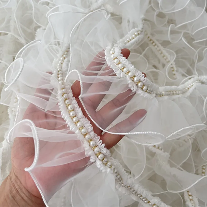 7CM Wide Tulle White Ruffle Organza Beaded Fringe Ribbon Lace Fabric Edge Trim Wedding Dress Apparel Curtains DIY Sewing Decor