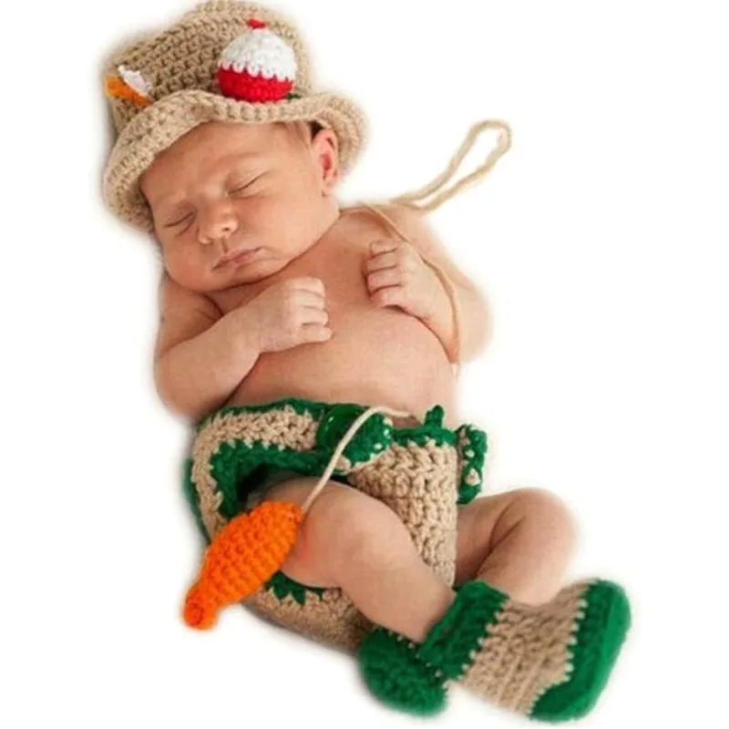 Newborn Photography Props Baby Fishing Theme Crochet 5pcs Set Soft Cotton Fisherman Hat Diaper Cover Pants Booties for 0-3 M