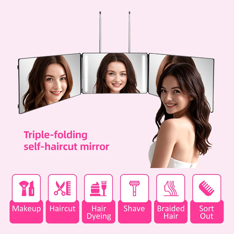 Professional Smart Haircut Mirror, 3-Sided Foldable with Touch Control & Dimmable LED, Portable Self Hair Styling Kit​​