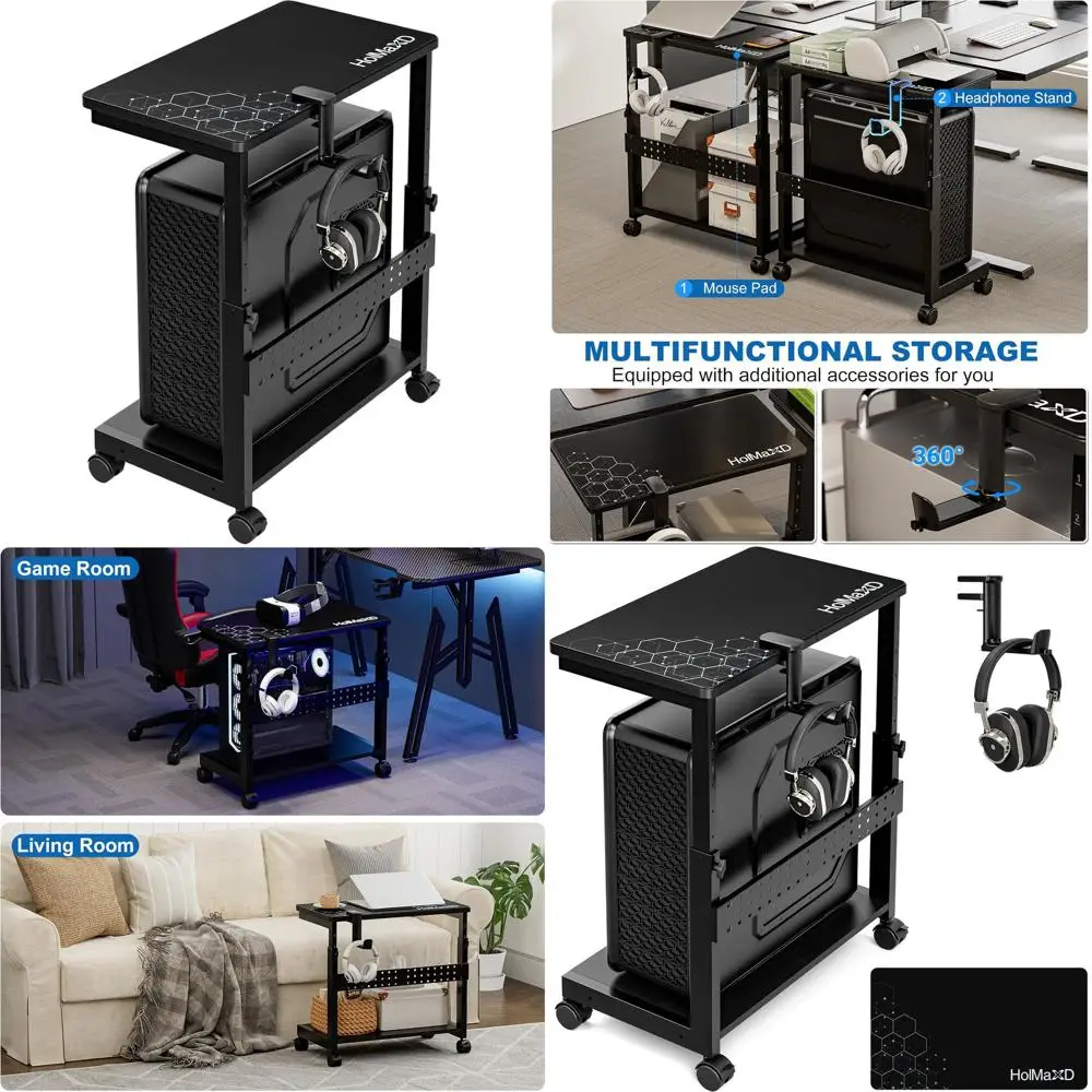 

Dual-Level Adjustable Computer Stand with ATX Case Holder, Mouse Pad, and Printer Shelf - Black