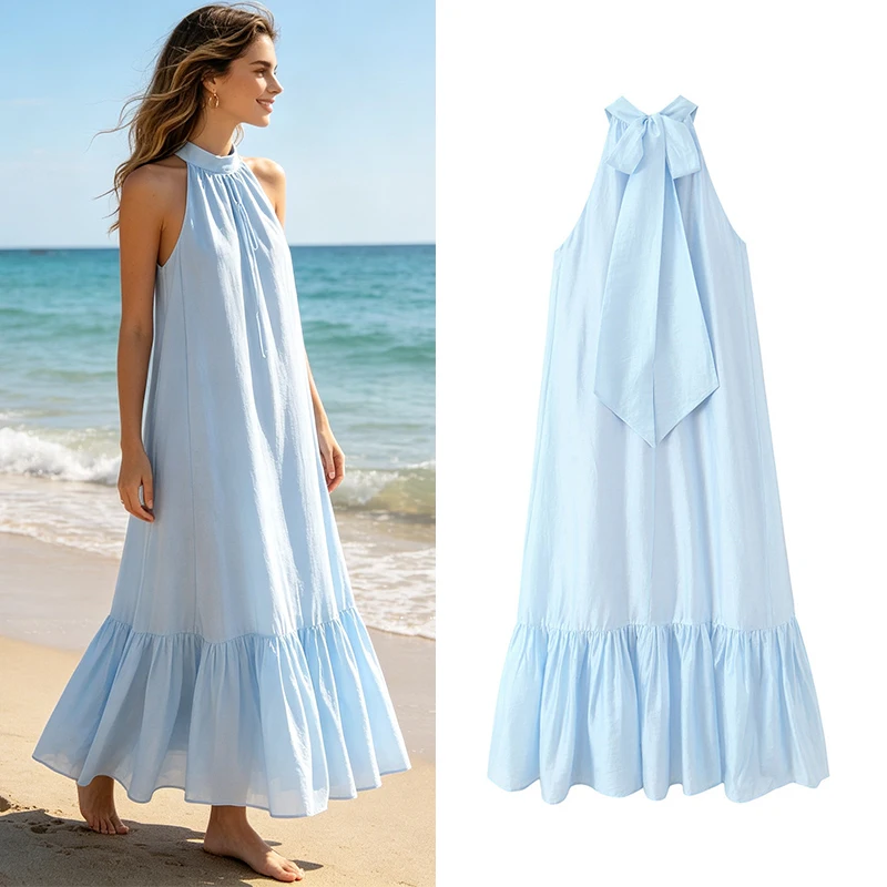 

Women's Dress 2026 New Fashion Summer Halter Neck Textured Vacation-Style Blue Dress Women Casual Chic Personality Beach Dress