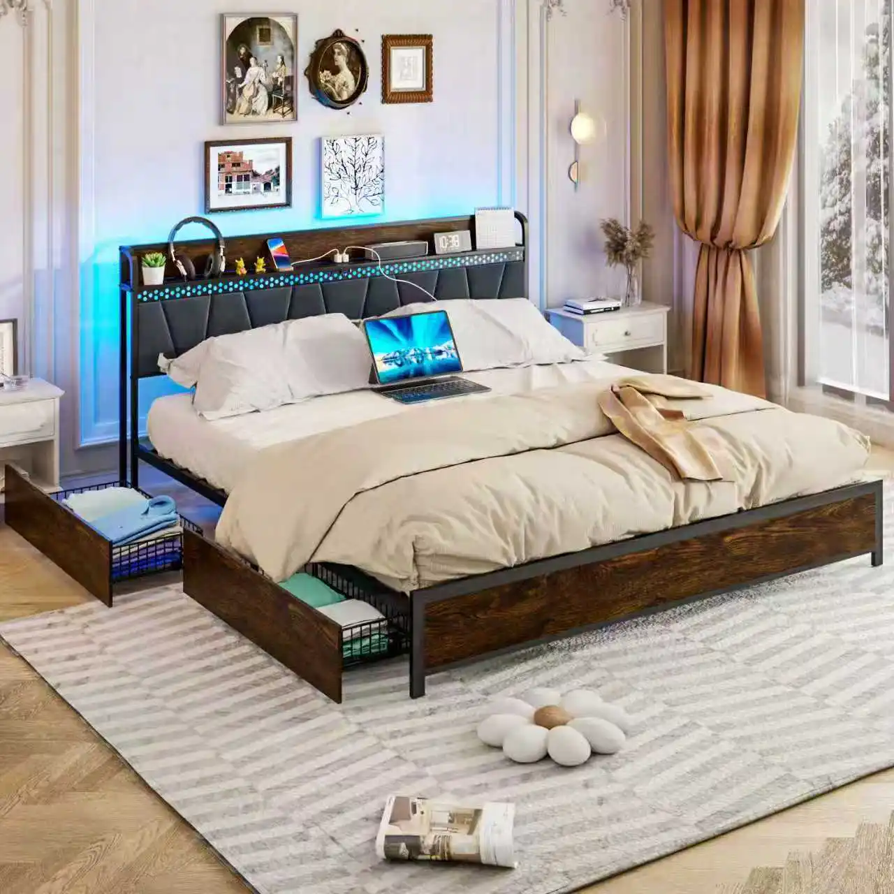 

！@Intelligent Smart Bed Frame Solid Wood Eco-Friendly App Control Adjustable Height Four Storage Drawers USB Charging for Sale