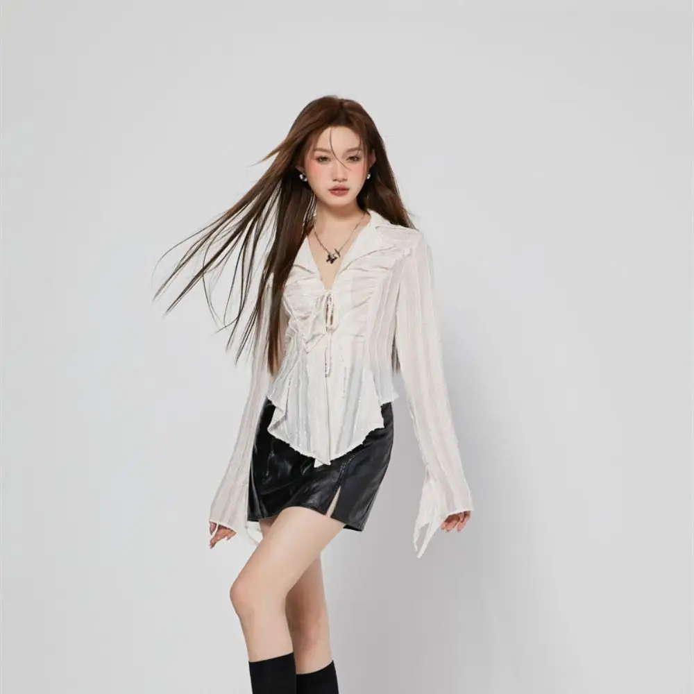 

Soft V-neck Chiffon Sunscreen Shirt Irregular Lace-up Long Sleeve Shirt Loose Ruffle Mesh Blouse Women