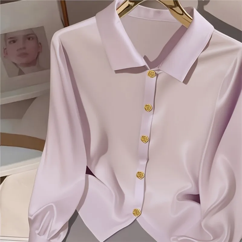 

Elegant Soft Satin Shirt Women Solid Color Long Sleeve Gold Button Collared Office Elegant Blouses & Shirts Spring Autumn Tops