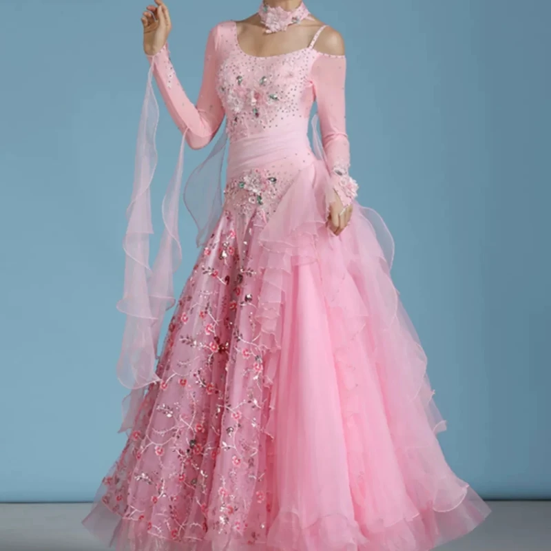 Lady\'s High Quality Standard Ballroom Dance Dresses Pink Elegant Ballroom Competition Dance Dress Women Waltz Dancing Skirt