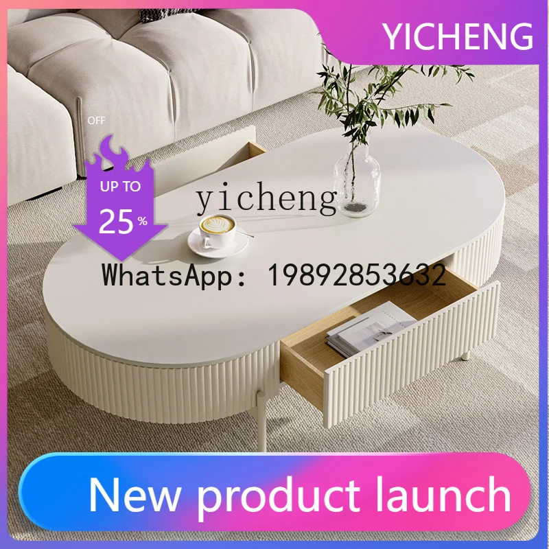 

X6 French Style Home Living Room Oval Rock Slab Coffee Table with Drawer Light Luxury Coffee Table