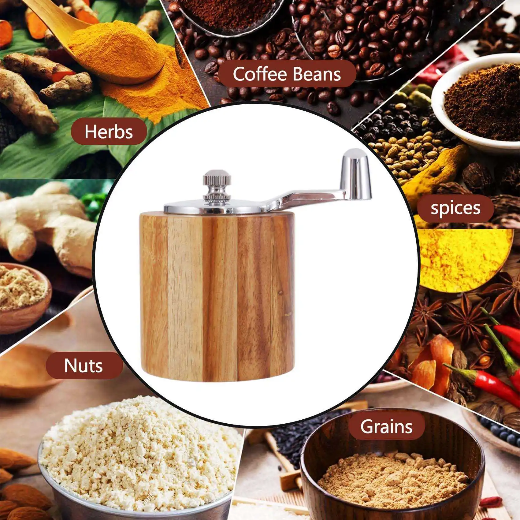 Salt and Pepper Mill, Hand Crank Wood Pepper Grinder Salt Shaker with Classic Handle and Adjustable Ceramic Rotor