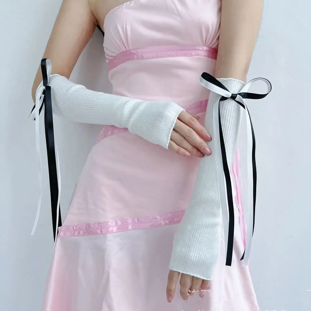 Elastic Y2K Warm Sleeves Bowknot Ribbon Ballet Style Bow Knitted Arm Warmers Long Mittens Sweet Fingerless Gloves