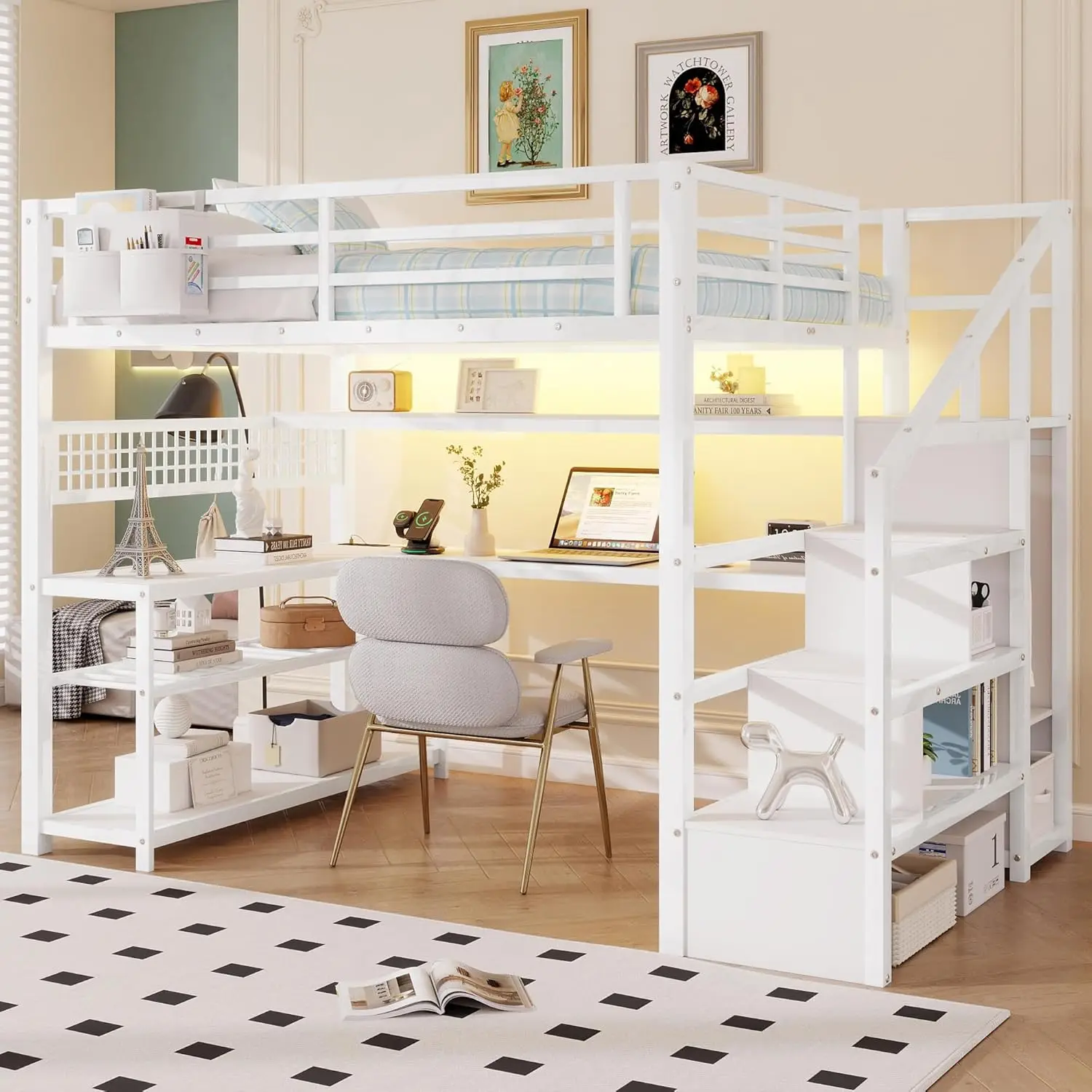 

Heavy Duty Metal Loft Bed with Desk and Stairs, Full Size Loft Bed with LED Lights and Charge Station, Gaming Bed Frame with