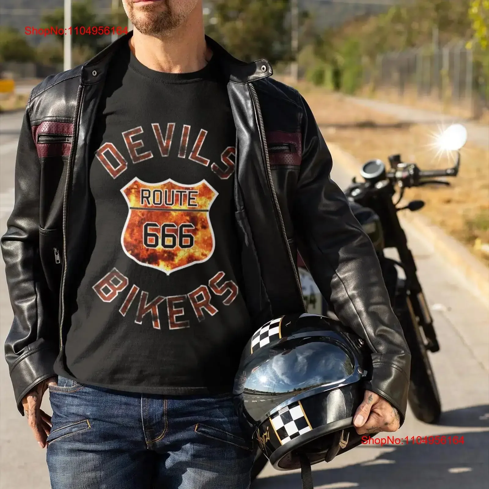 

Devils Bikers Route 666 Crewneck T Shirt Dads for Motorcycle Enthusiasts Biker Style Perfect Riders 66 vintage Washed Soft