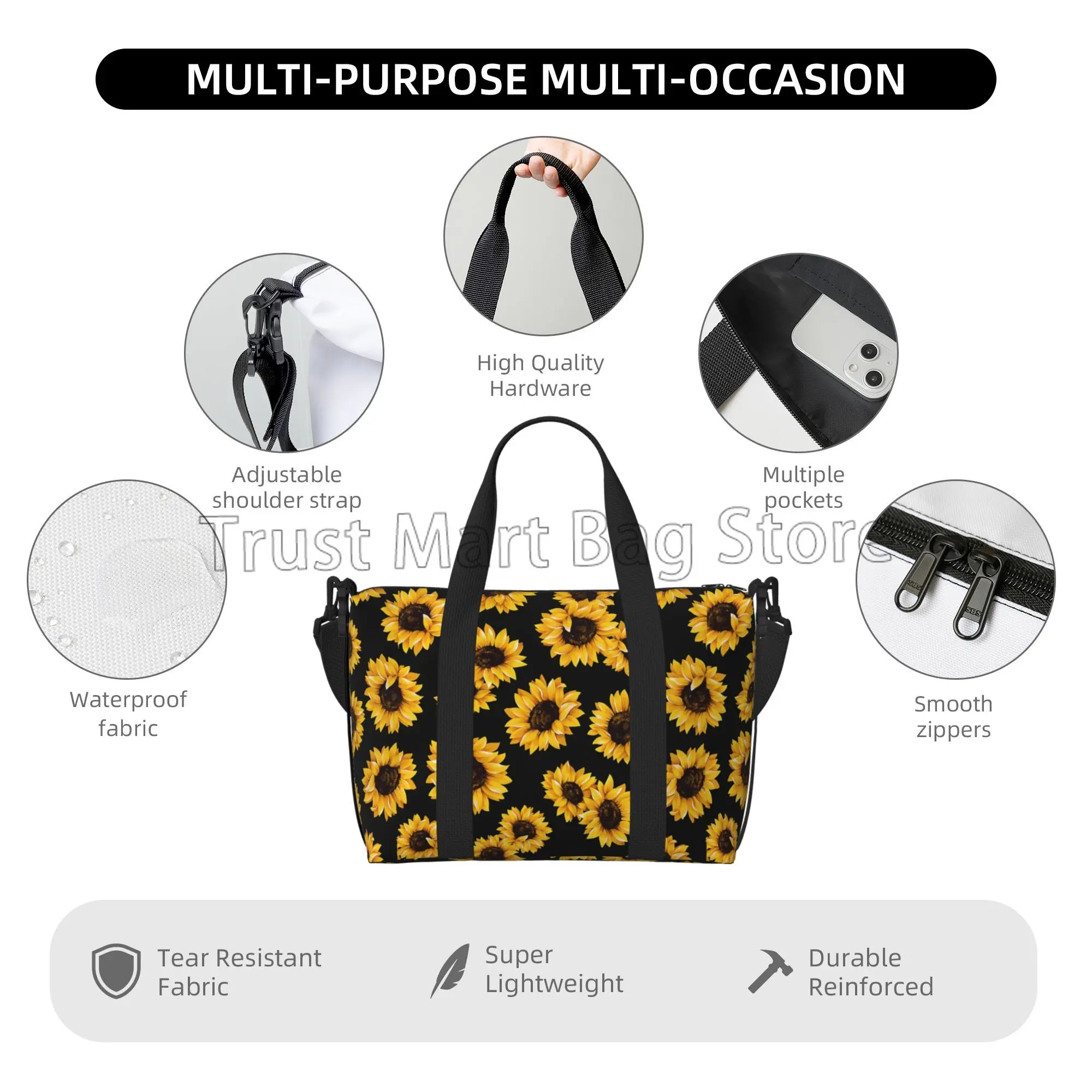 Bolso de viaje de girasol para mujer y hombre, bolsa de mano grande, resistente al agua, duradera, para llevar en el hombro, para la playa